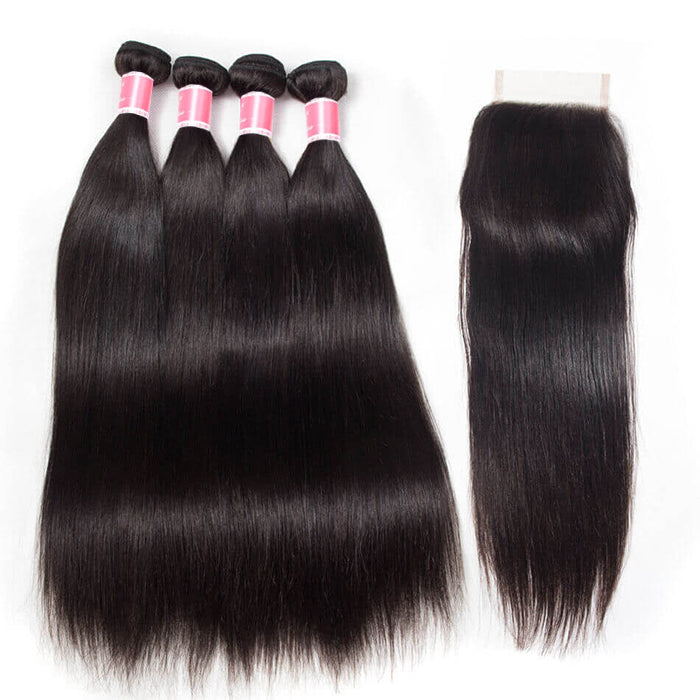 Malaysian Straight Hair 4 Bundles With 4x4 Lace Closure Human Hair Closure With Bundle Deals