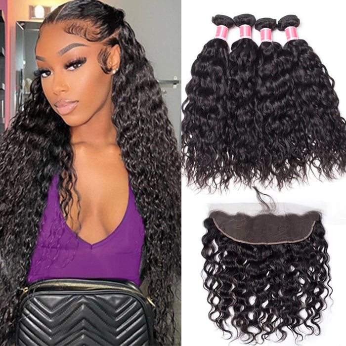 Peruvian Water Wave 4 Bundles With 13x4 Lace Frontal 10A Virgin Human Hair Bundles With Frontal Deal