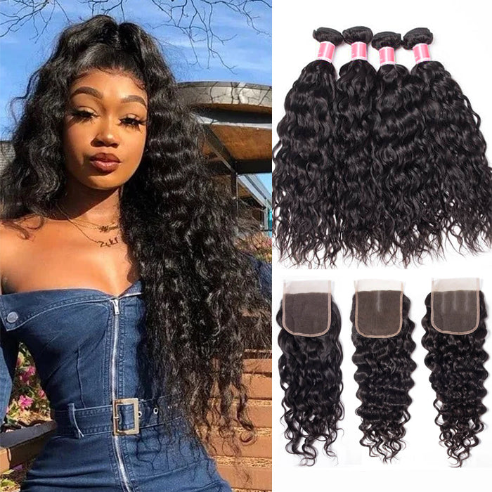 Malaysian Water Wave 4 Bundles With 4x4 Lace Closure Human Hair Closure With Bundle Deals