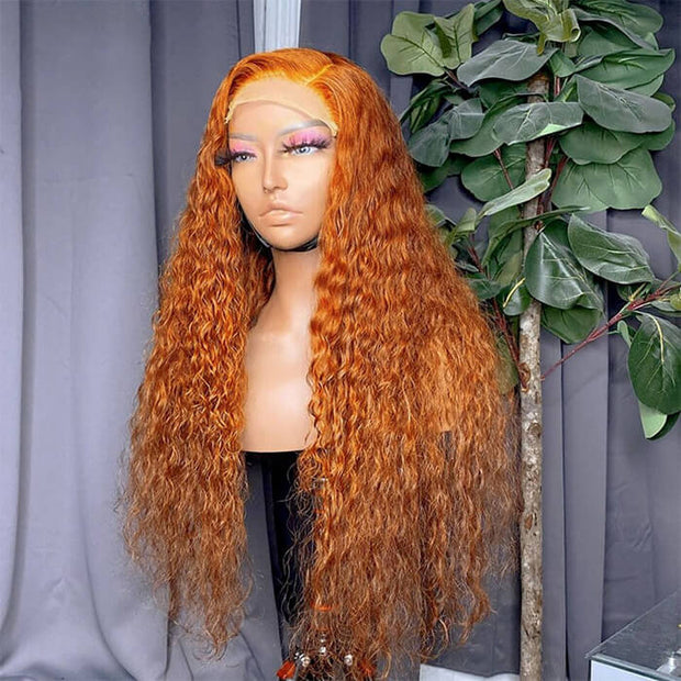 Water Wave Ginger Colored Lace Front Human Hair Wigs Pre Plucked Natural Hairline