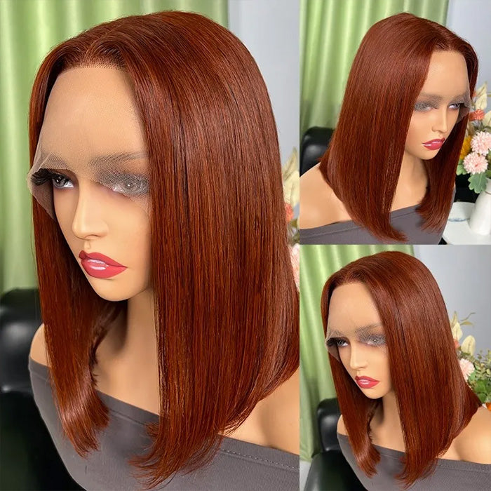 #33 Dark Auburn Color Straight Short Bob Red Brown Wig 13x4 Bob Lace Frontal Wigs 150% Density
