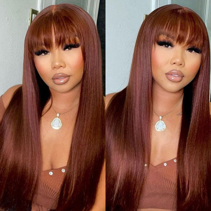 Reddish Brown Straight 13x4 Lace Front Wig With Bangs  display picture 2