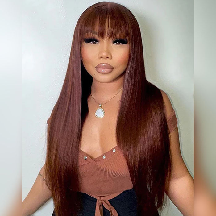 Reddish Brown Straight 13x4 Lace Front Wig With Bangs Machine Made Human Hair Wig Easy to Go