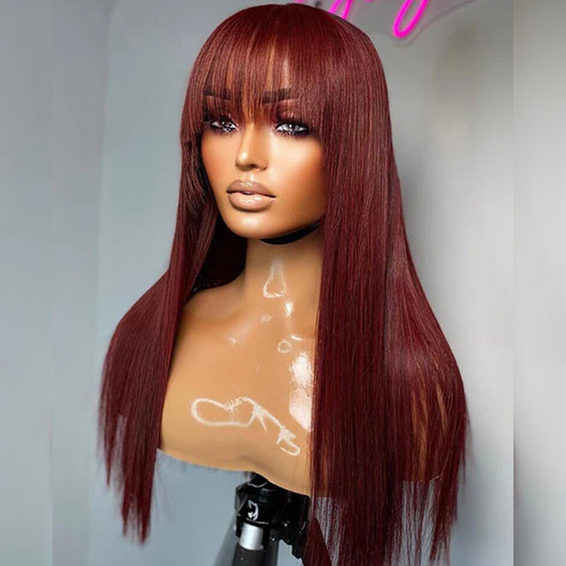 Reddish Brown Straight 13x4 Lace Front Wig With Bangs Machine Made Human Hair Wig Easy to Go