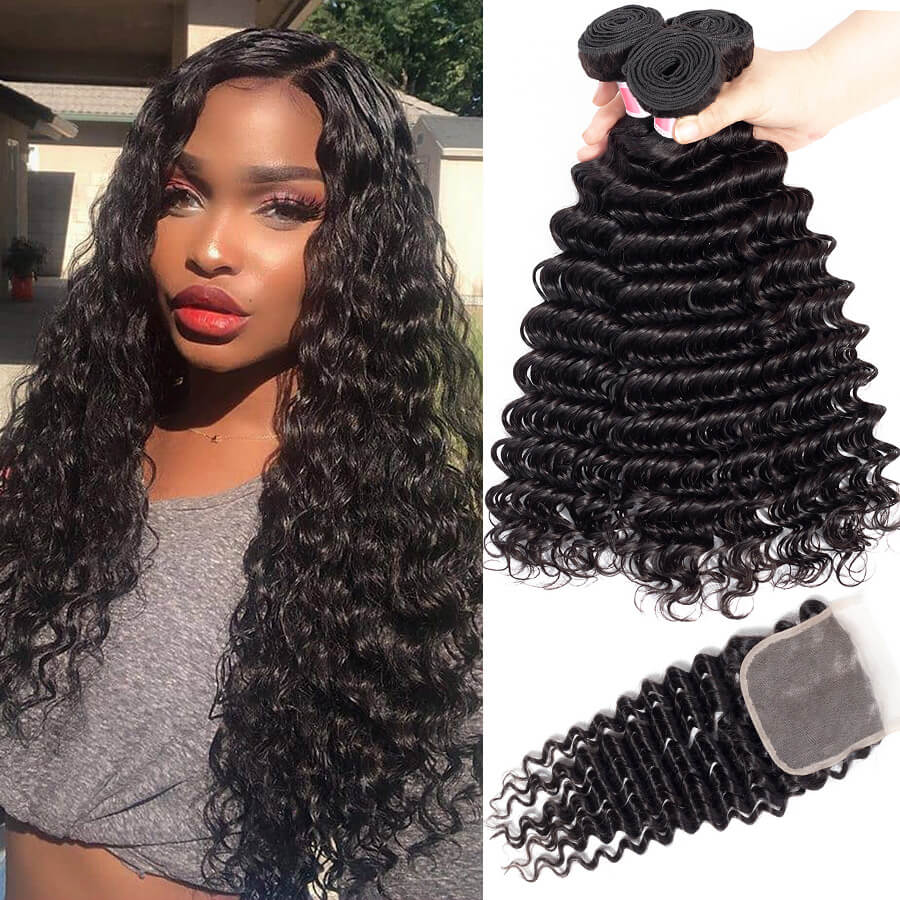 Peruvian Deep Wave 3 Bundles with 4*4 Lace Closure Virgin Human Hair