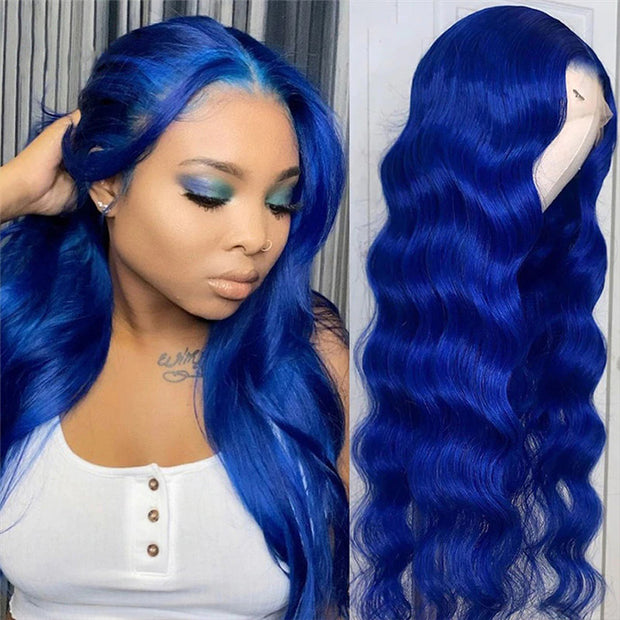 Long Straight Soft Hair Blue Body Wave Wig For Women HD  Lace Front Wig Human Hair For Cosplay