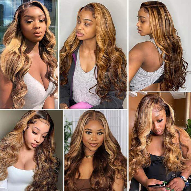 4/27 Honey Blonde Highlight Body Wave HD Lace Front Human Hair Wigs Free Part