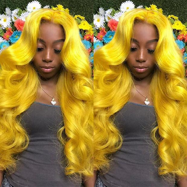 Yellow Colored Human Hair Wig HD  Lace Front Wigs Invisible Glueless Cosplay Wig For Women