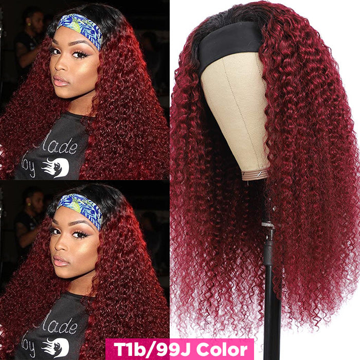 99J Burgundy Color Headband Wigs Deep Wave Human Hair