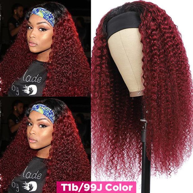 99J Burgundy Color Headband Wigs Deep Wave Human Hair
