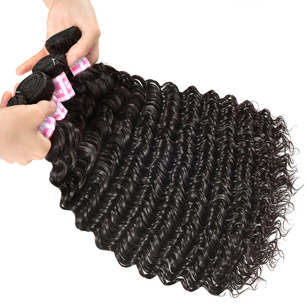 Malaysian Deep Wave Virgin Hair Weave 3 Bundles With 13x4 Lace Frontal Ear To Ear