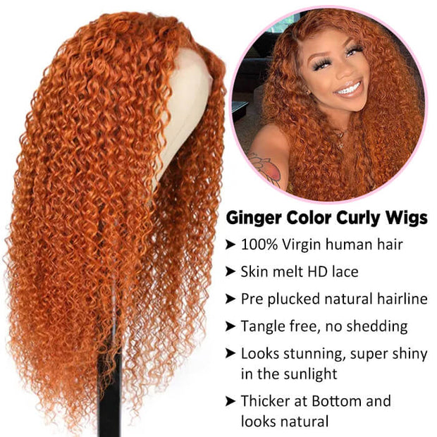 Ginger Curly Wig 13x4 HD Lace Front Wigs Colored Human Hair Lace Front Wigs With Pre Plucked