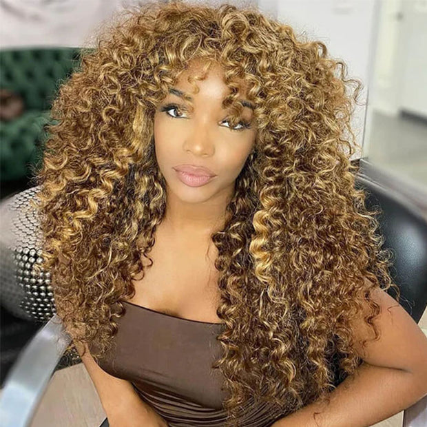 4/27 Honey Blonde Highlights Curly Human Hair Wigs with Bangs Glueless 13*4 HD Lace Front Wigs