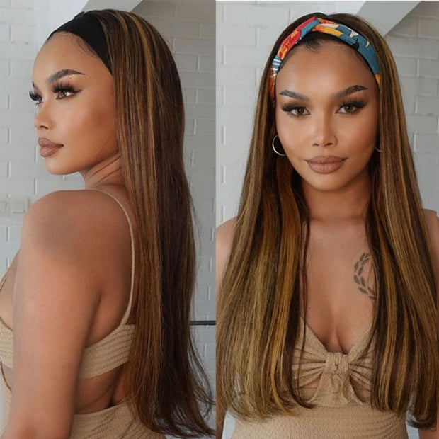 #4/27 Mix Color Highlights Headband Wigs 100% Virgin Human Hair No Gel No Glue Silk Scarf Wigs