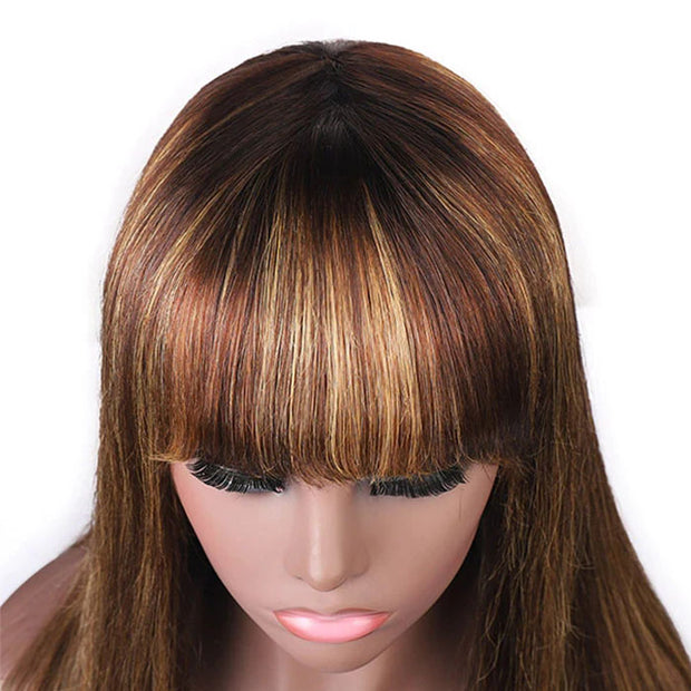 4/27 Honey Blond Highlight Straight Human Hair Wig With Bangs Virgin Human Hair Lace Front Wigs