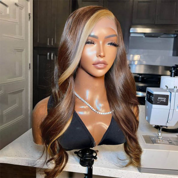Brown Hair With Honey Blonde Highlight Streaks Wigs Straight & Body Wave 13x4 HD Lace Front Human Hair 