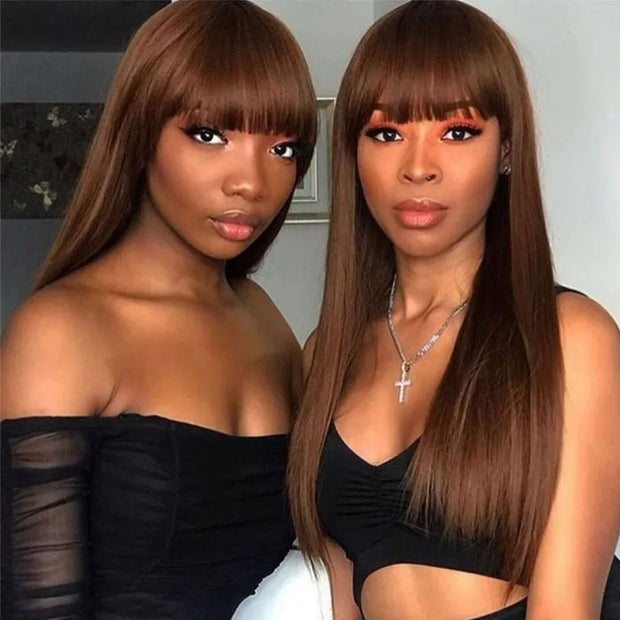 #4 Chocolate Brown Straight Wig With Bangs Glueless Top 2x4 Lace Wig With Bangs