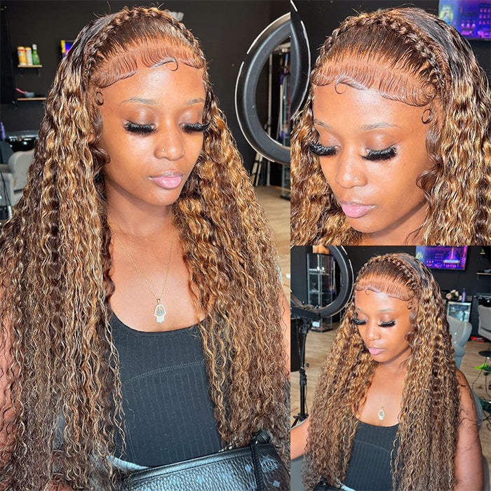 4/27 honey blonde highlight jerry curly lace front wig