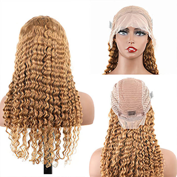Deep Wave #27 Colored Human Hair Wigs Honey Blonde 13x4 13x6 HD Transparent Lace Frontal Wigs