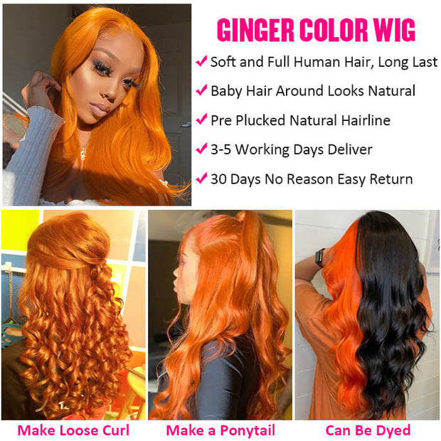 Orange Ginger Wig 13x4 13x6 HD Lace Front Wig Straight & Body Wave Pre-colored Human Hair Wigs