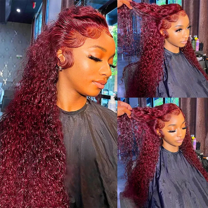 99J Burgundy Color 13x4 HD Lace Front Wigs Pre Plucked Long Curly Virg Hermosa Hair