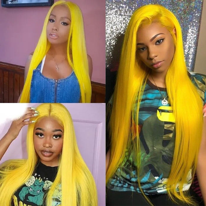 Yellow Colored Human Hair Wig HD  Lace Front Wigs Invisible Glueless Cosplay Wig For Women