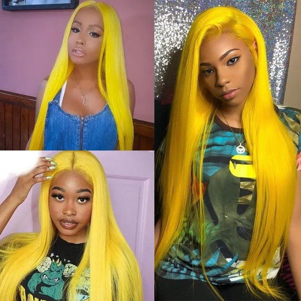 Yellow Colored Human Hair Wig HD  Lace Front Wigs Invisible Glueless Cosplay Wig For Women