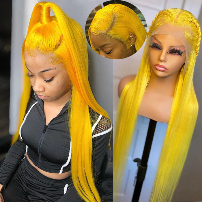 Yellow Colored Human Hair Wig HD Lace Front Wigs Invisible 
