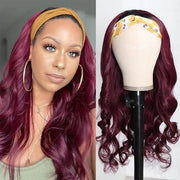 #99J Sugar Plum Color Headband Wig 100% Human Hair With Black Root | Throw On & Go