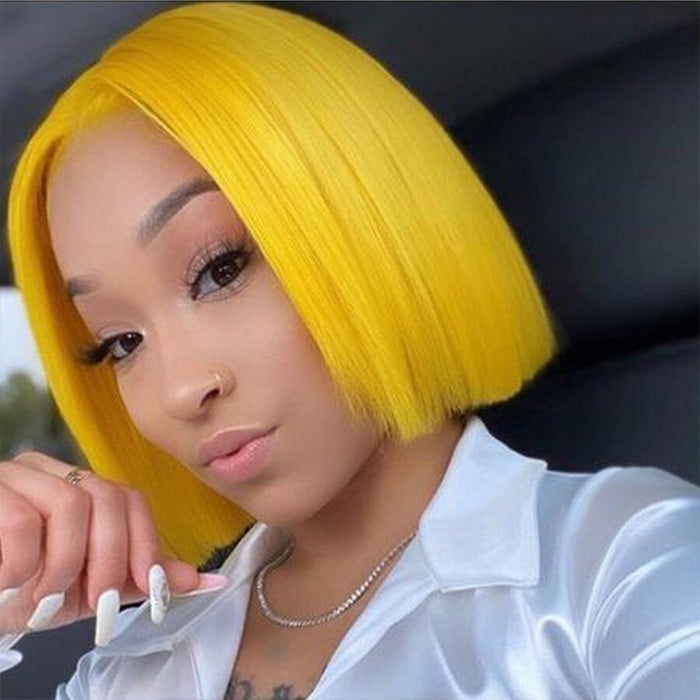 12” SHORT YELLOW BOB HUMAN HAIR STRAIGHT LACEFRONT Amazon.com : Anlimer Yellow Short Bob 13x4 Lace Frontal 16  main image 3