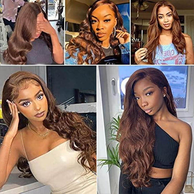 #4 Brown Wig Straight & Body Wave Natural Human Hair Wig Colored Lace Front Wigs