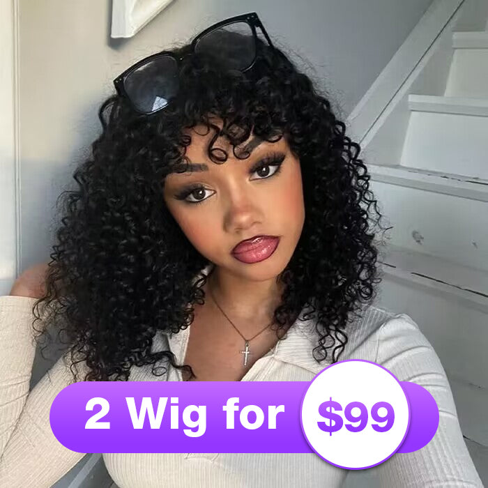 Curly Short Bob Wig With Bangs None Lace Full Machinemade Human Hair Wigs Glueless Beginner Friendly