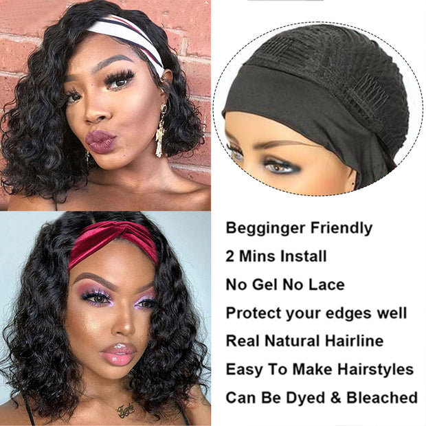 Water Wave Hair Headband Bob Wig 220% Density Glueless Human Hair Half Wig