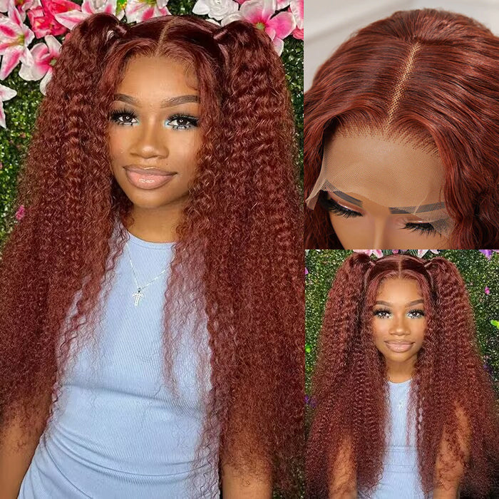 Curly Human Hair Wigs #33 Red Brown Auburn Colored Wig 13*4 5*5 HD Transparent Lace Front Wigs