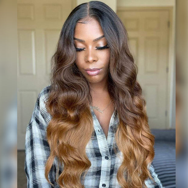 Gorgeous Ombre Color T1B/4/27 Body Wave Undetectable HD Lace Frontal Wigs Pre Plucked