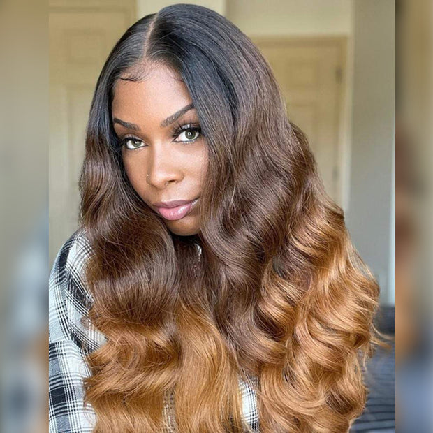 Gorgeous Ombre Color T1B/4/27 Body Wave Undetectable HD Lace Frontal Wigs Pre Plucked