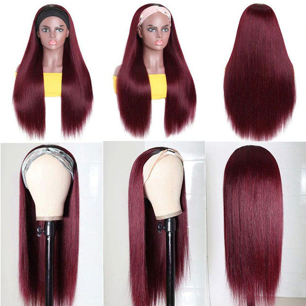 Burgundy 99J T1B/99J Headband Wig Straight Human Hair Wigs Online
