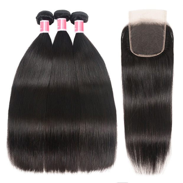Malaysian Straight Hair 3 Bundles with 4*4 Closure Soft Unprocessed Virgin Human Hair