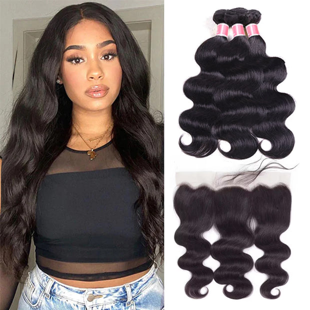 Malaysian Body Wave Virgin Hair Weave 3 Bundles With 13x4 Lace Frontal Ear To Ear