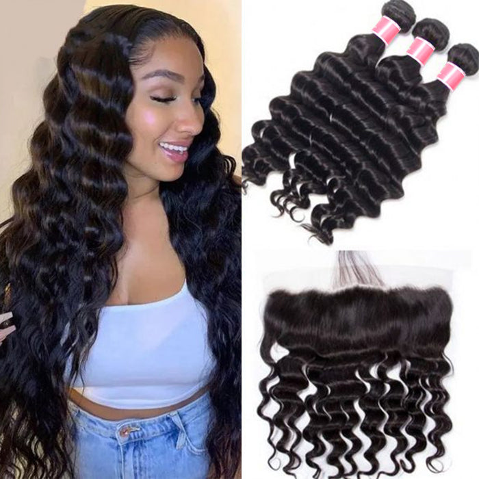 Peruvian Loose Deep Wave Virgin Hair Weave 3 Bundles With 13*4 Lace Frontal