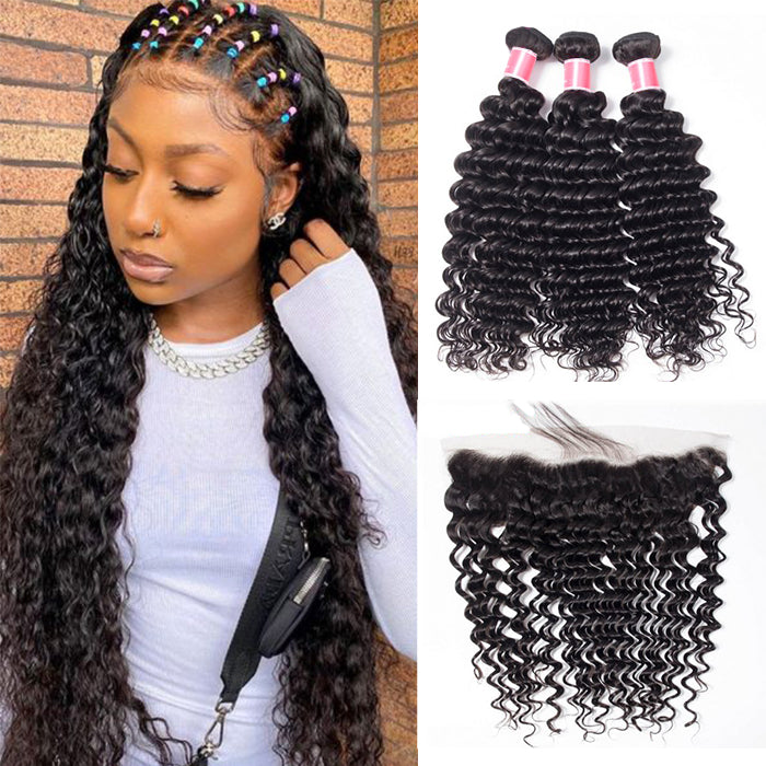 Peruvian Deep Wave Virgin Hair Weave 3 Bundles With 13*4 Lace Frontal