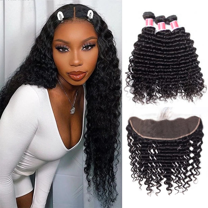 Malaysian Deep Wave Virgin Hair Weave 3 Bundles With 13x4 Lace Frontal Ear To Ear