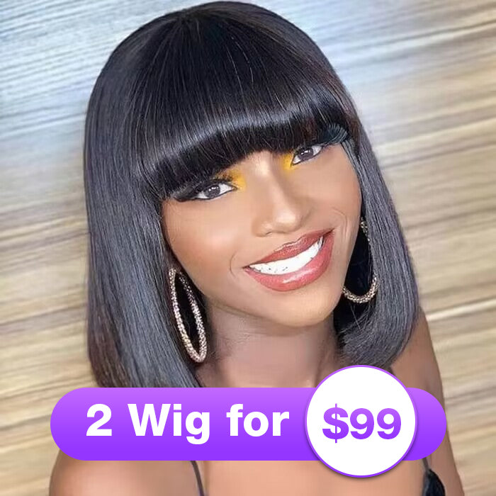 Short Bob Straight Wig With Bangs Glueless None Lace Full Machinemade Human Hair Wigs Quick Install