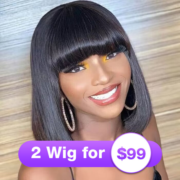Short Bob Straight Wig With Bangs Glueless None Lace Full Machinemade Human Hair Wigs Quick Install