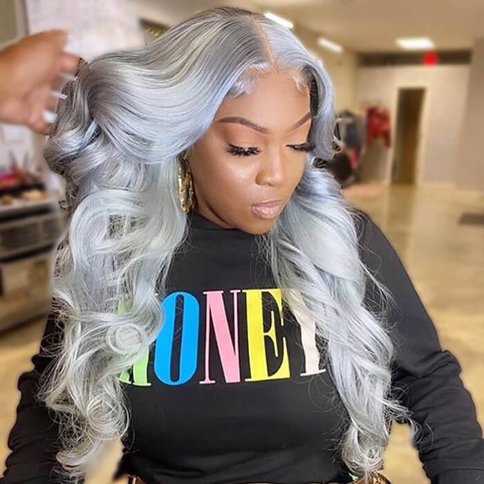 Grayish Beauty Full Wig Grey Human Hair Lace Front Wig 13x4 Transparent Swiss Lace  main image 4