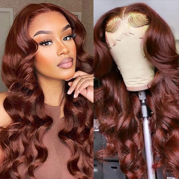Reddish Brown 13x4 HD Lace Human Hair Wig #33B Auburn Colored Body Wave Wigs