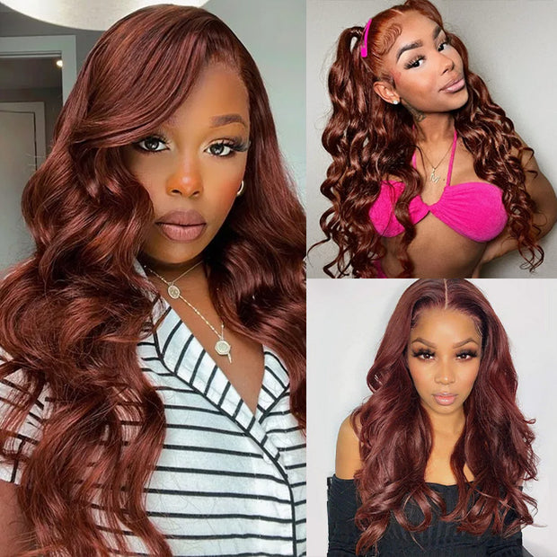 Reddish Brown 13x4 HD Lace Human Hair Wig #33B Auburn Colored Body Wave Wigs