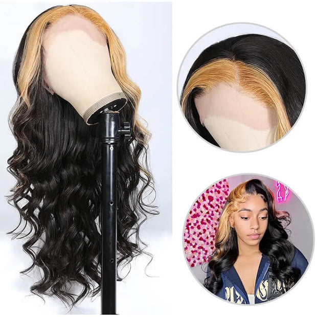 Skunk Stripe Wig with Honey Blonde Highlights Body Wave 13*4 Human Hair Lace Frontal Wig