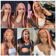 Strawberry Pink & Chocolate Skunk Stripe Color Wig Straight and Body Wave 13*4 Lace Front Wig