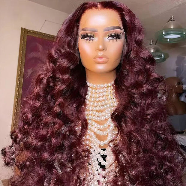 99J Burgundy Colored Human Hair Wigs Loose Wave 13x4 13x6 HD Lace Frontal Wigs
